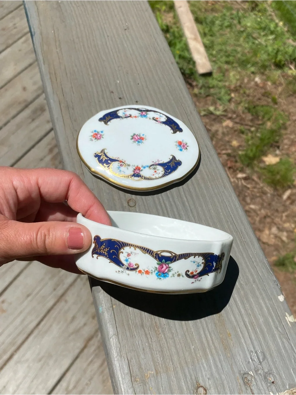 Vintage Portugal Porcelain Trinket Dish Delicate Floral Blue Gold Design